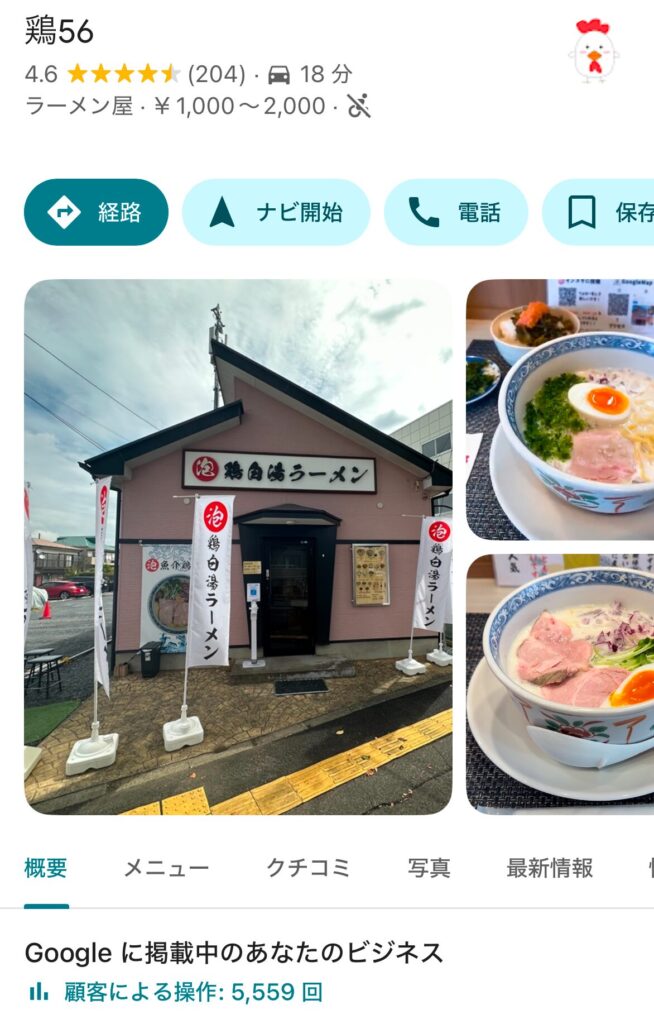 ラーメン店・鶏56のGoogleマップ画面。星4.6、クチコミ204件、顧客による操作5,559回