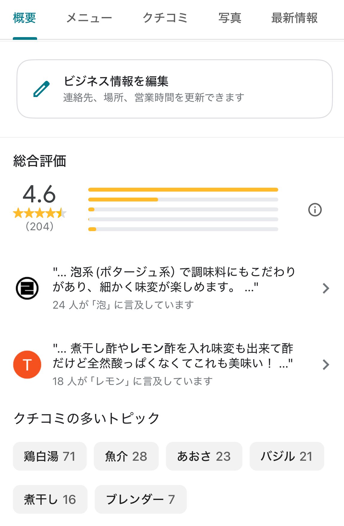 Googleマップ クチコミ・人気トピックの実際の画面