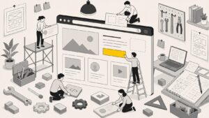 限られた予算で小さくてもきちんと機能するホームページを組み立てるイラスト