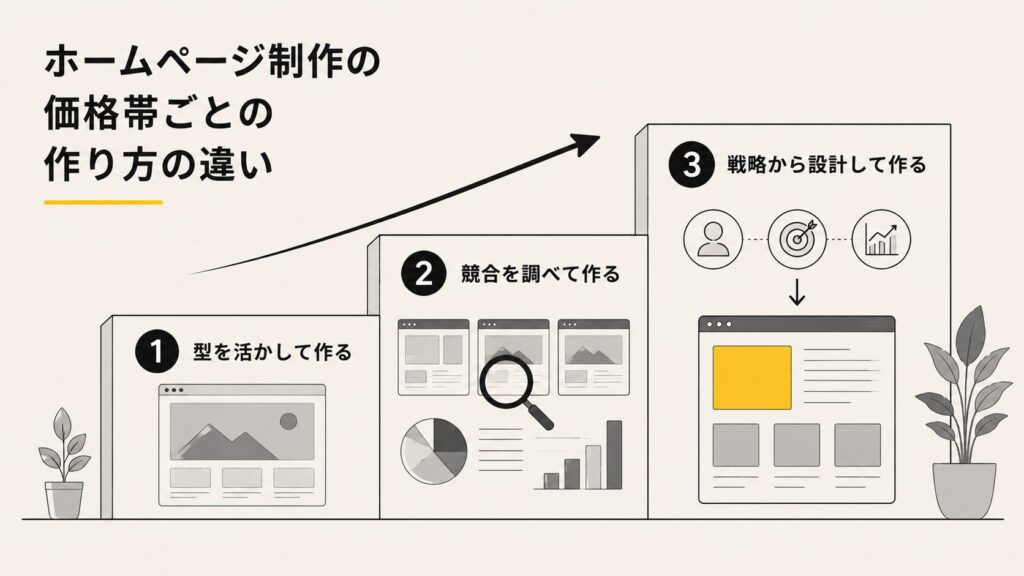 ホームページ制作の価格帯ごとの作り方の違い。①型を活かして作る ②競合を調べて作る ③戦略から設計して作る