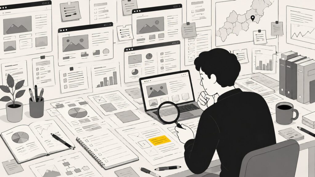 ホームページを作る前に競合や市場を調べ上げる事業主のイラスト