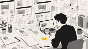 ホームページを作る前に競合や市場を調べ上げる事業主のイラスト
