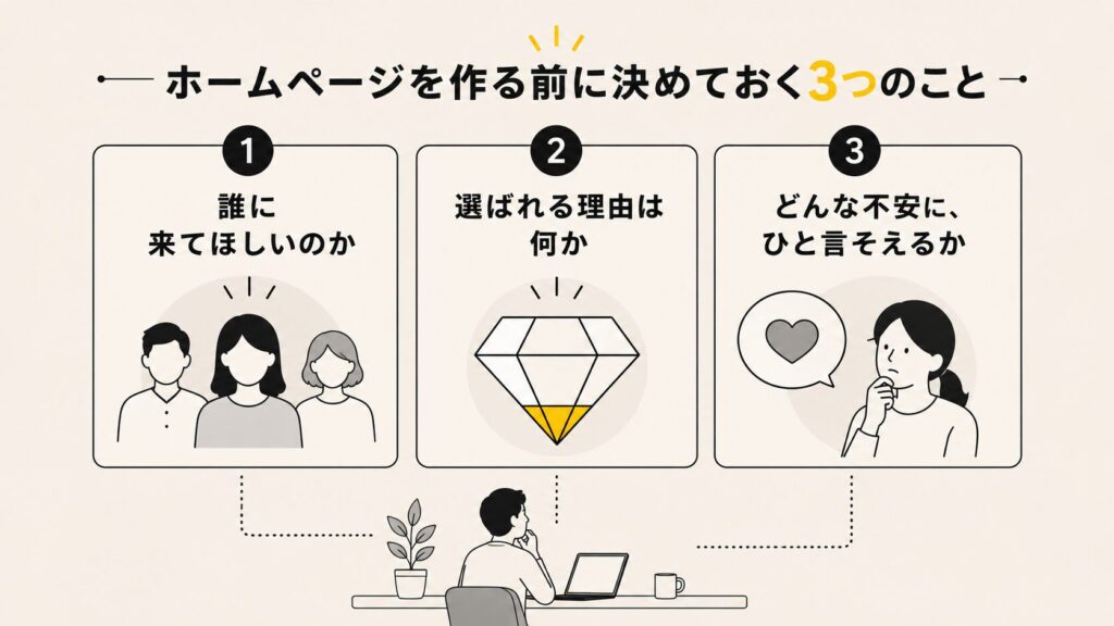 ホームページを作る前に決めておく3つのこと。①誰に来てほしいのか ②選ばれる理由は何か ③どんな不安にひと言そえるか