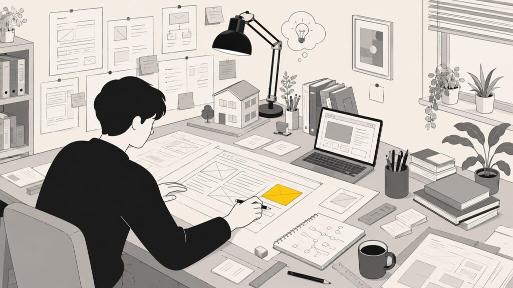 ホームページを作る前に事業の設計図を描いている事業主のイラスト