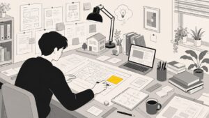 ホームページを作る前に事業の設計図を描いている事業主のイラスト