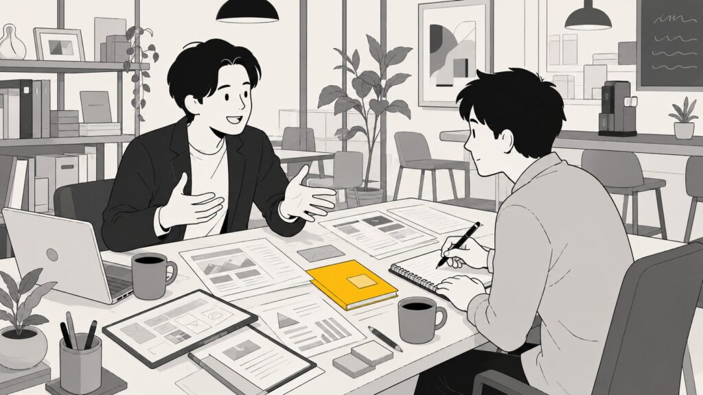 ホームページ制作の打ち合わせで事業主の話を聞く制作者のイラスト