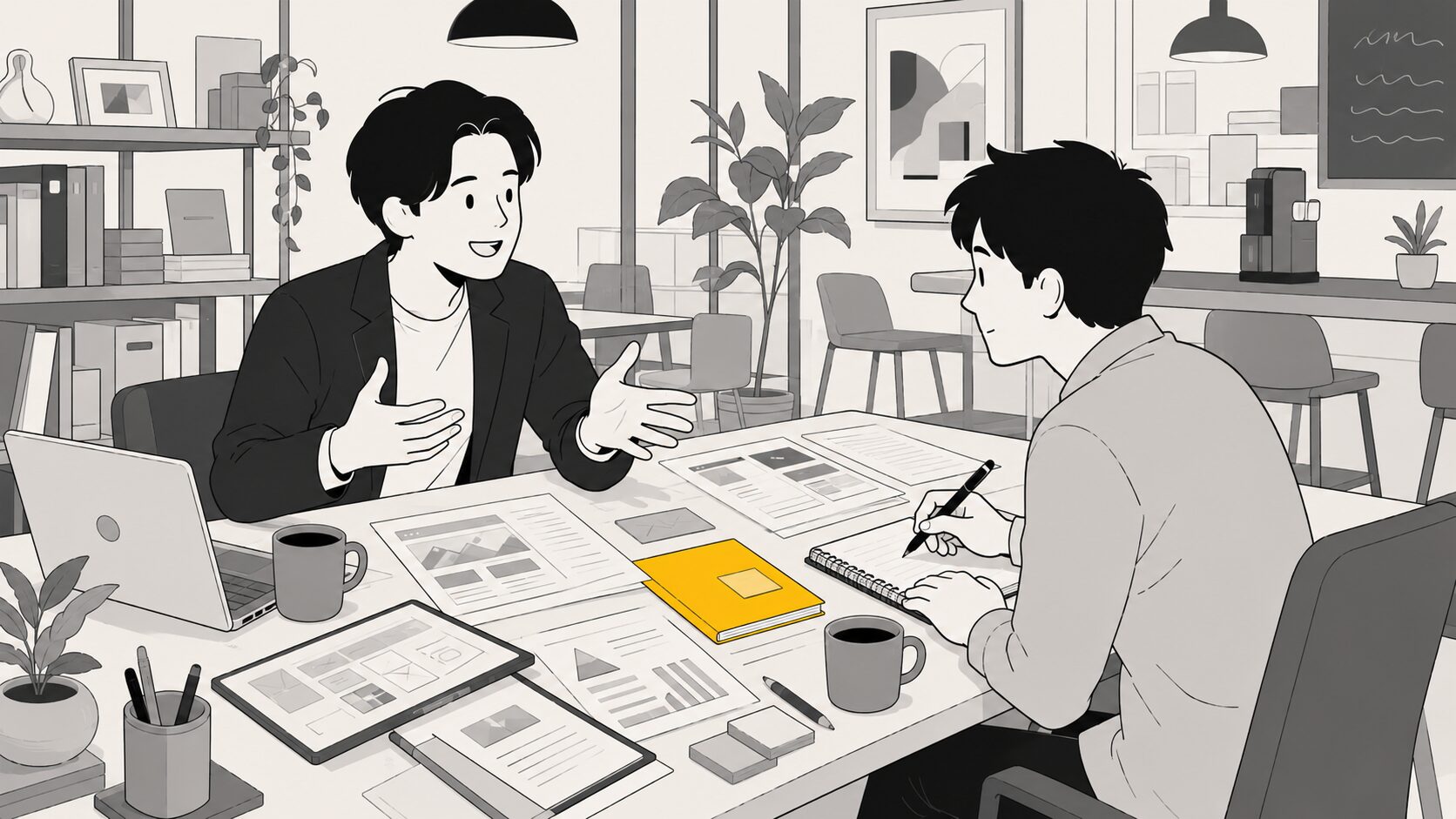 ホームページ制作の打ち合わせで事業主の話を聞く制作者のイラスト