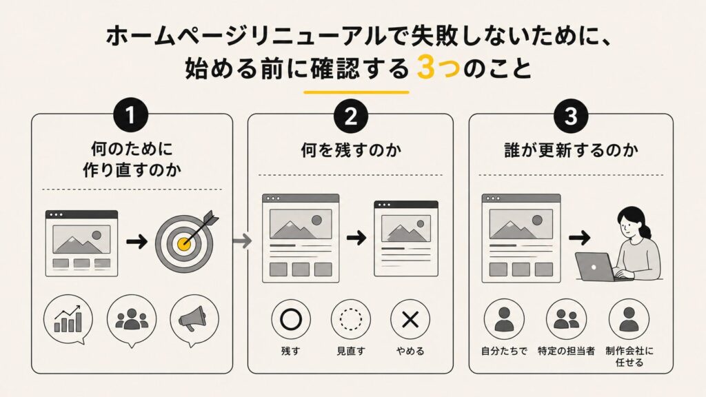 リニューアル前に確認する3つのこと。①何のために作り直すのか ②何を残すのか ③誰が更新するのか