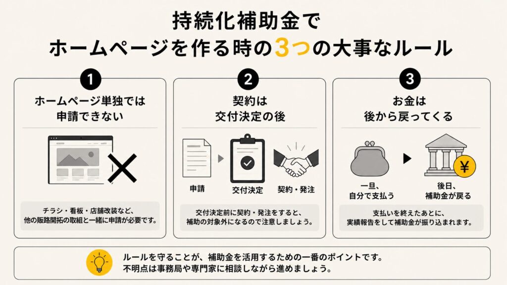 持続化補助金でホームページを作る時の3つのルール。①単独申請不可 ②契約は交付決定後 ③補助金は後払い 入稿ガイド