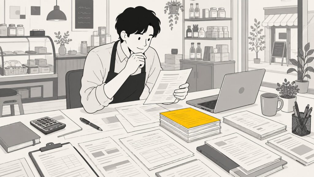 小規模事業者持続化補助金の申請書類を準備する店主のイラスト