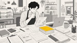 小規模事業者持続化補助金の申請書類を準備する店主のイラスト